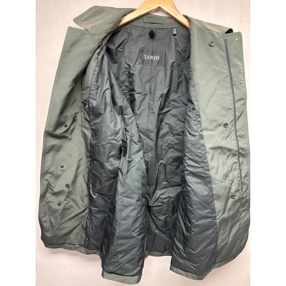 Sanyo Trench Coat Mens Deep Forest Green Long Sleeve Pocket Travel Outdoor Small
